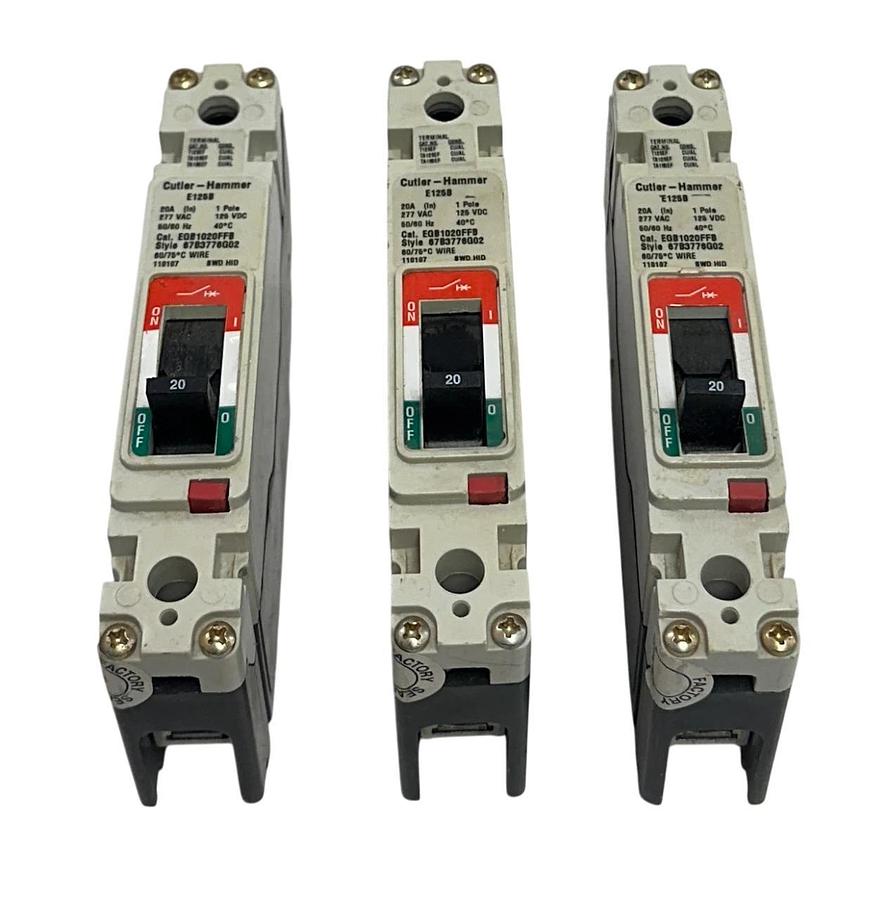 Used 3 CUTLER-HAMMER EGB1020FFB / 67B3776G02 CIRCUIT BREAKERS 20A 1-POLE E125B USNP