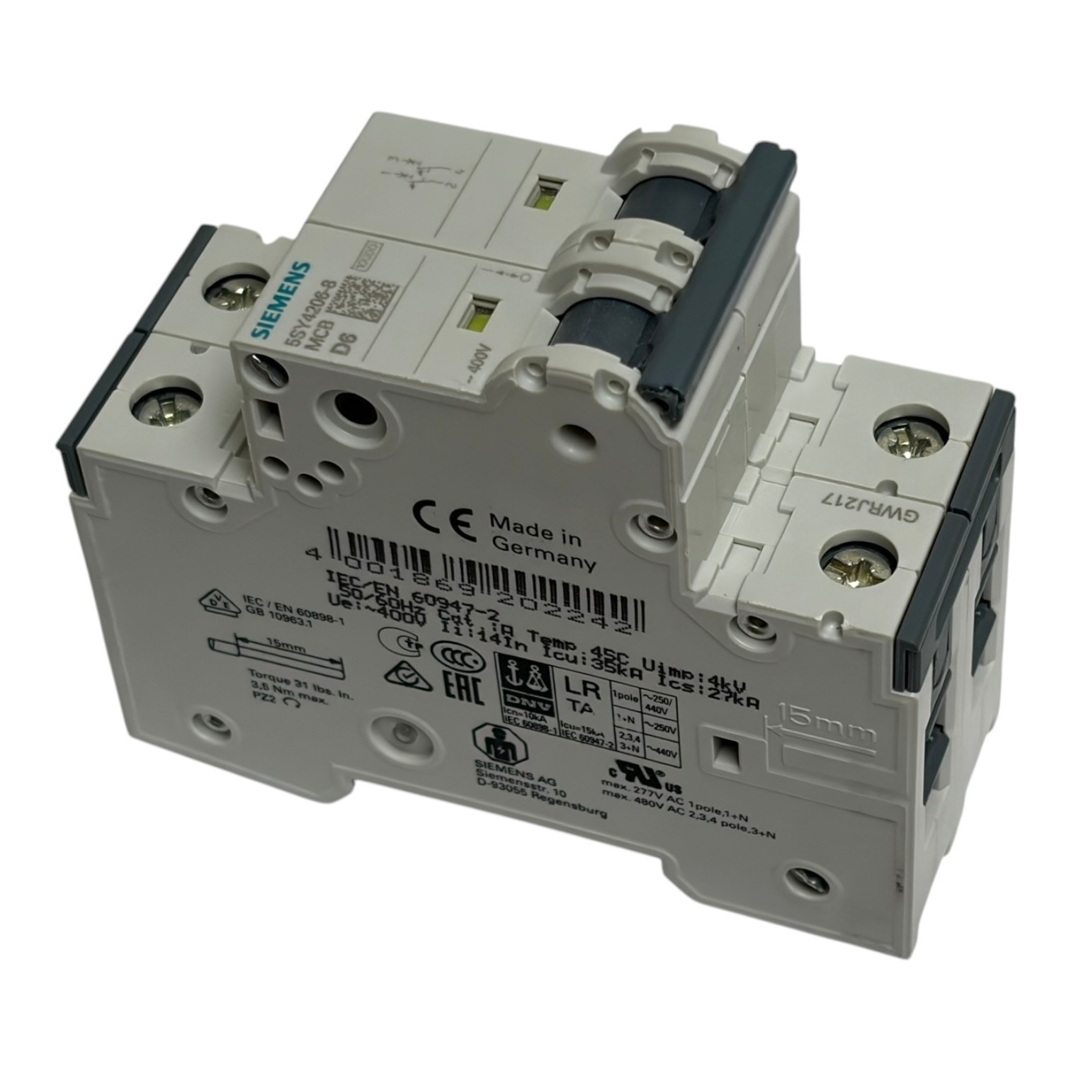 Used Siemens 5SY4206-8 Miniature Circuit Breaker MCB 2 Pole 6A D Curve New Surplus