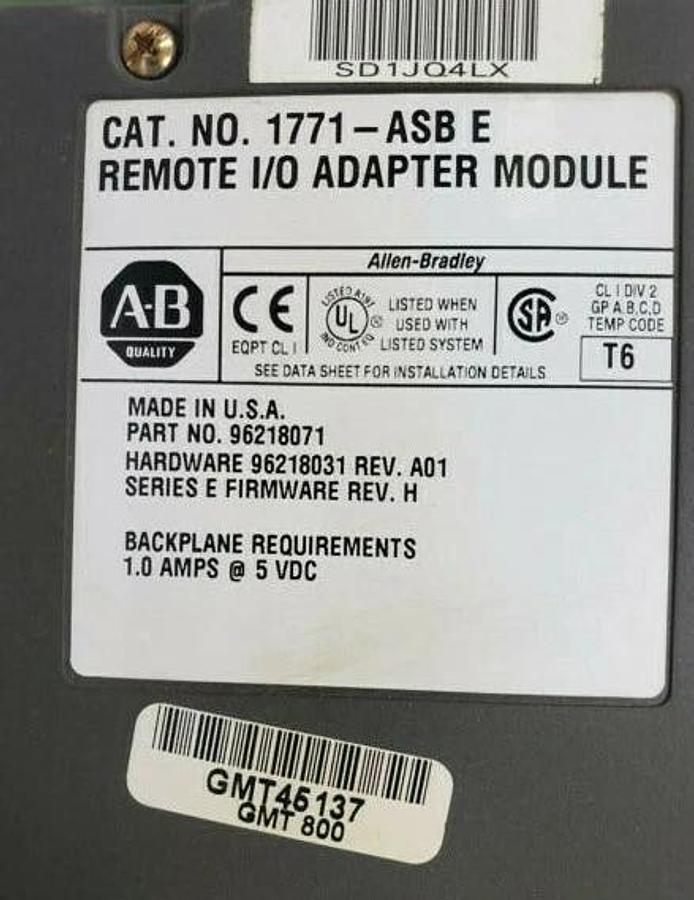 Used ALLEN BRADLEY 1771-ASB/E REMOTE I/O ADAPTER H/W REV: A01 SER. E F/W REV: H