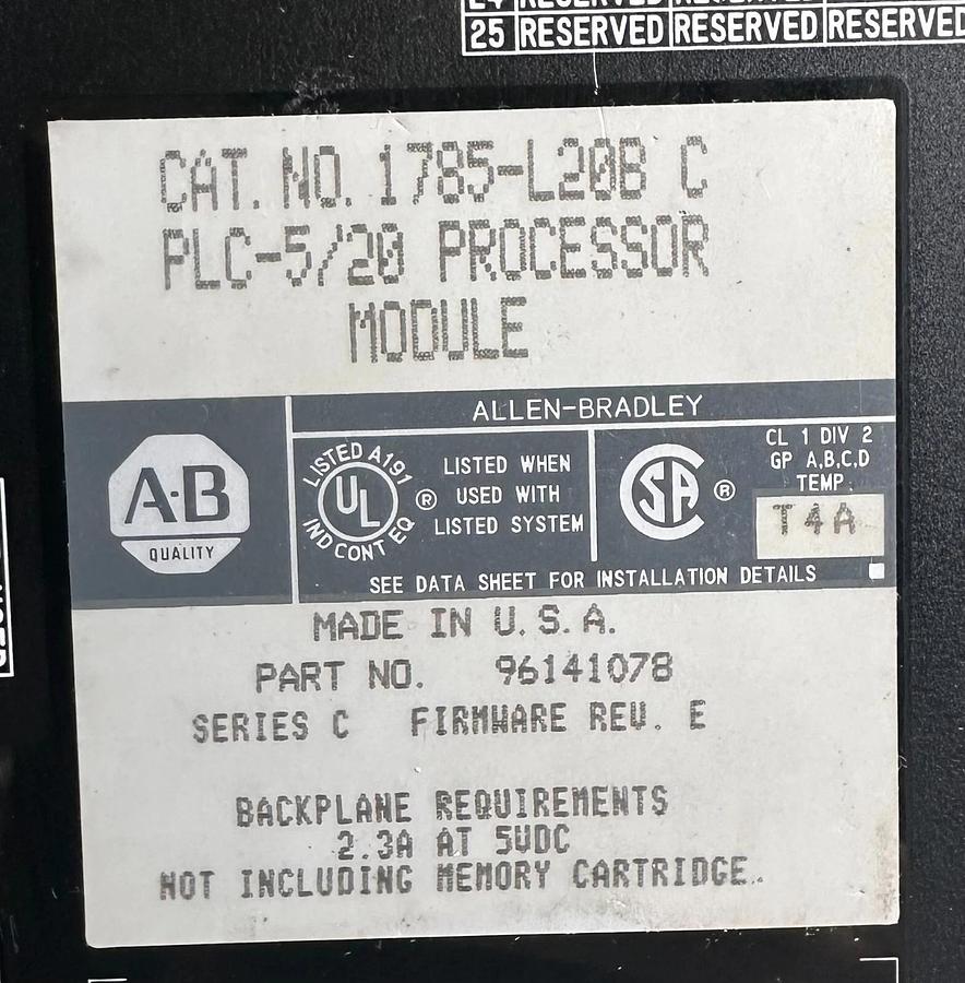 Used ALLEN BRADLEY 1785-L20B /C PLC-5/20 PROCESSOR MODULE F/W. E 96141078 1785L20B