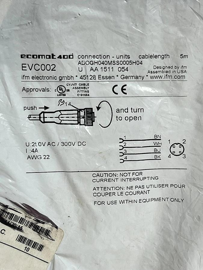 Used New IFM Efector EVC002 ADOGH040MSS0005H04 M12 Female Sensor Cable 5m Sealed