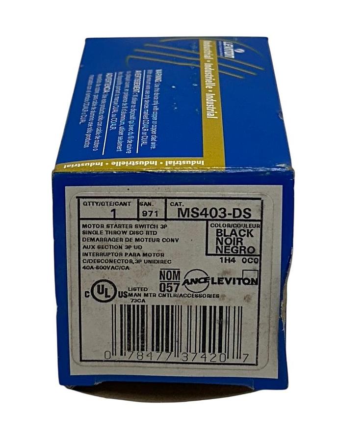 Used LEVITON MS403-DS / MS403DS INDUSTRIAL MOTOR STARTER SWITCH 3P BLACK 600V NSMP