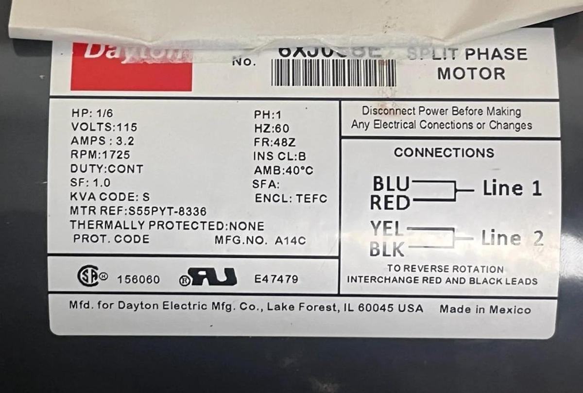 Dayton 6XJ06BE General Purpose Motor | 1/6 HP, 1725 RPM, 115V, 48Z Frame, 6XJ06
