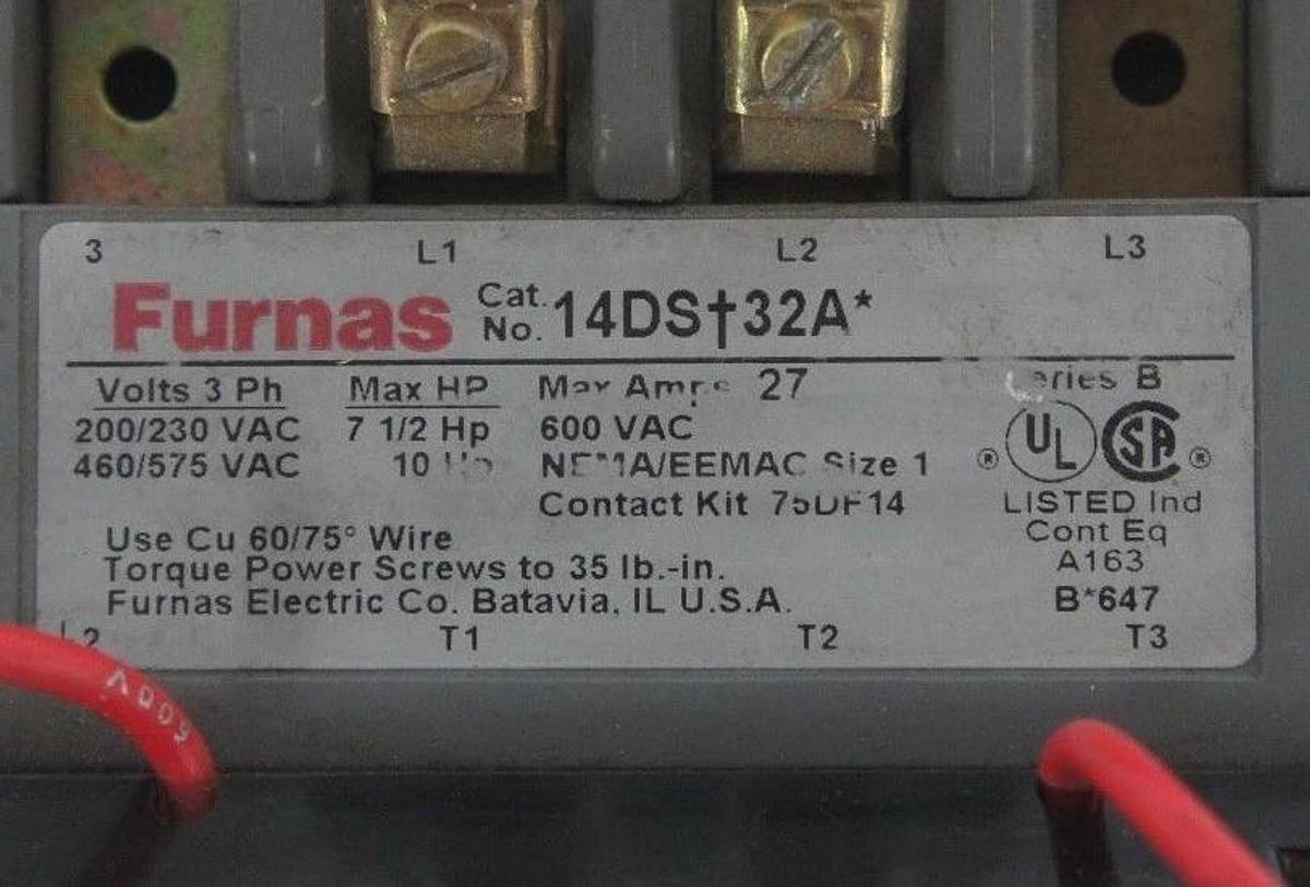 Used FURNAS 14DS+32A STARTER SER. B, 200-575VAC, 7-1/2-10HP, 27 AMP MAX W/ 49D26344