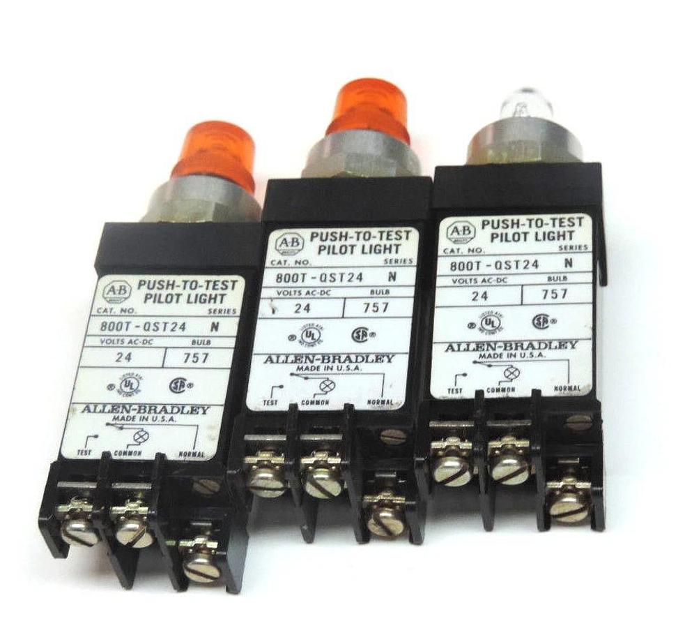 Used LOT OF 3 ALLEN BRADLEY 800T-QST24 SER. N PILOT LIGHTS 24VDC, 757 BULB, 800TQST24