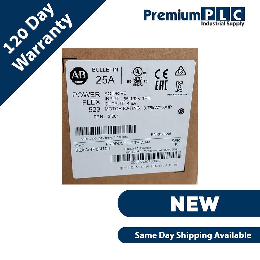 Used NEW ALLEN BRADLEY 25A-V4P8N104 /B POWERFLEX 523 AC DRIVE 0.75kW/1.0HP FRN. 3.001