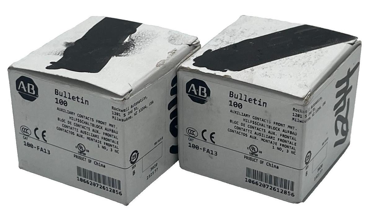 (2) Allen Bradley 100-FA13 Auxiliary Contact Block Front Mount 3 NO 1 NC, NSMP