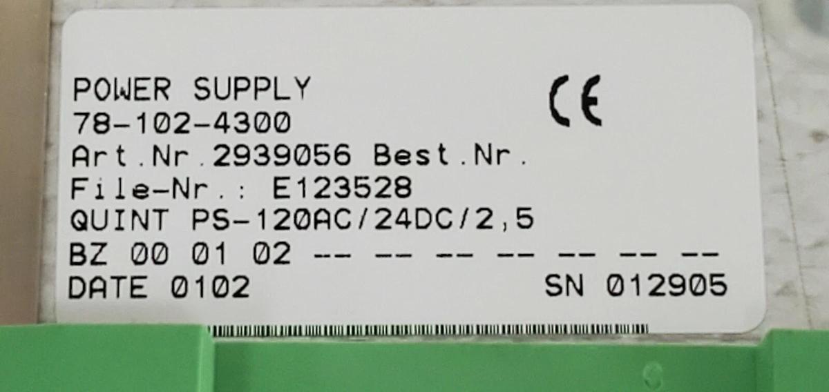 Used PHOENIX CONTACT QUINT-PS-120AC/24DC/2.5 POWER SUPPLY ORD. NO.: 2939056