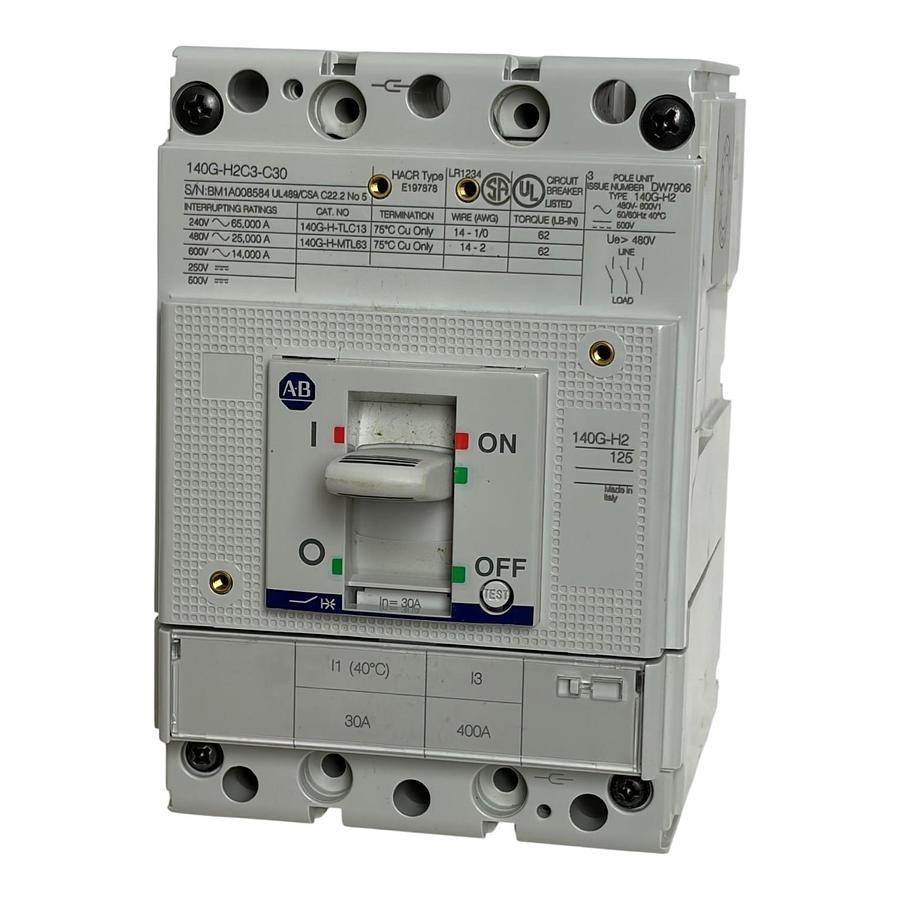 Used Allen Bradley Bulletin 140G-H2C3-C30 Molded Case Circuit Breaker 30A H-Frame Box