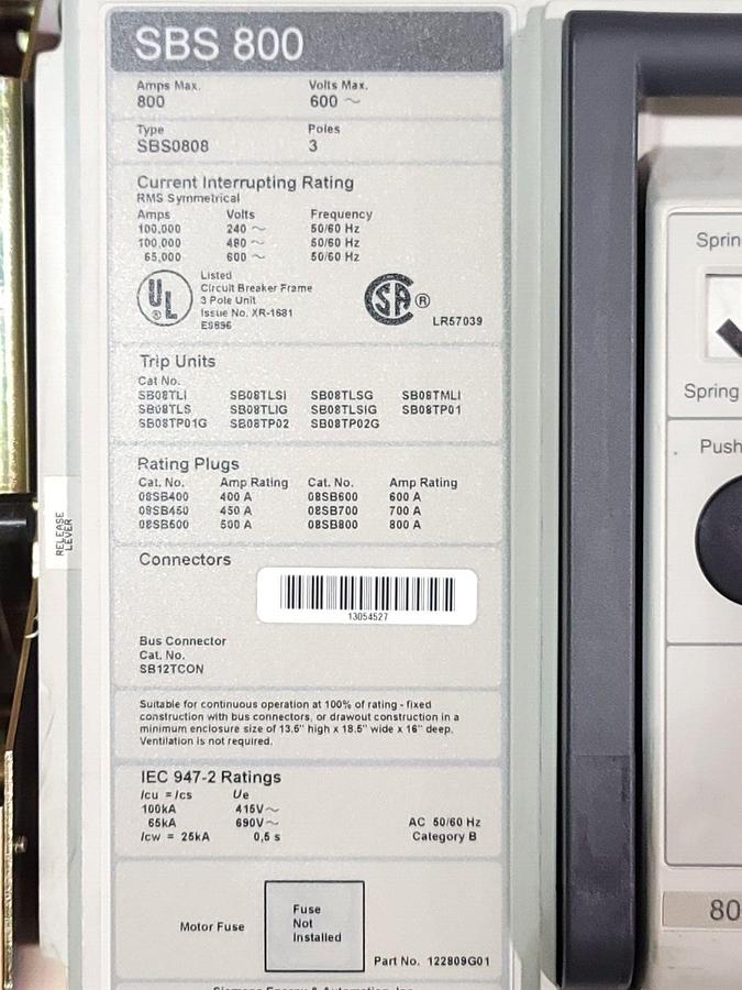 Used SIEMENS SBS0808 DRAWOUT CIRCUIT BREAKER SBS 800 W/ TRIP UNIT AND PLUG 800A 600V