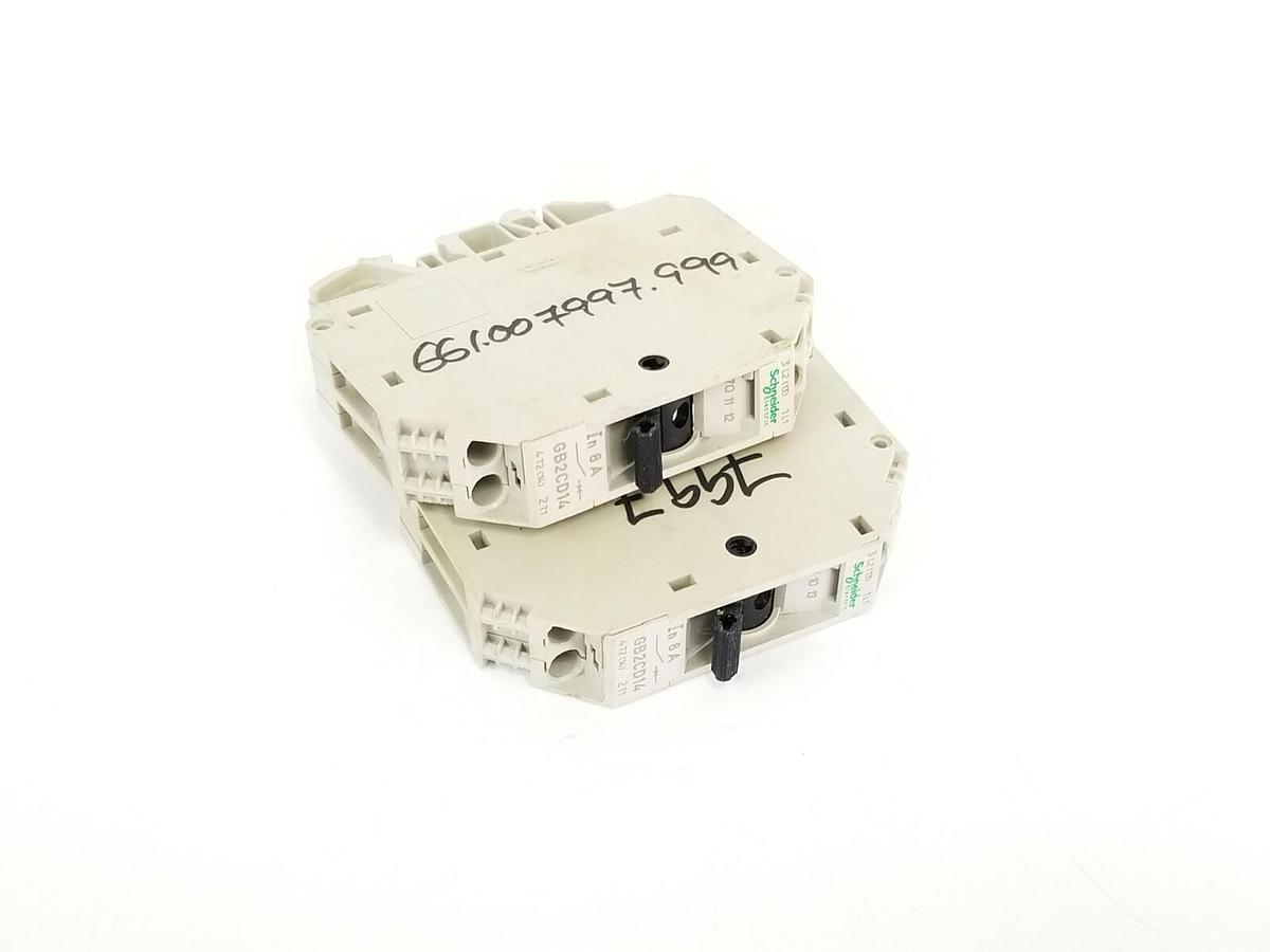 Used LOT OF 2 SCHNEIDER ELECTRIC GB2-CD14 CIRCUIT PROTECTORS 8A 48VDC 125VAC GB2CD14