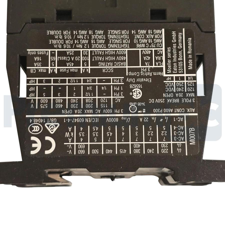 EATON XTCE007B10AD - DILM7-10 XT IEC CONTACTOR 7A, 120V DC COIL, 3P DILM710 NSMP