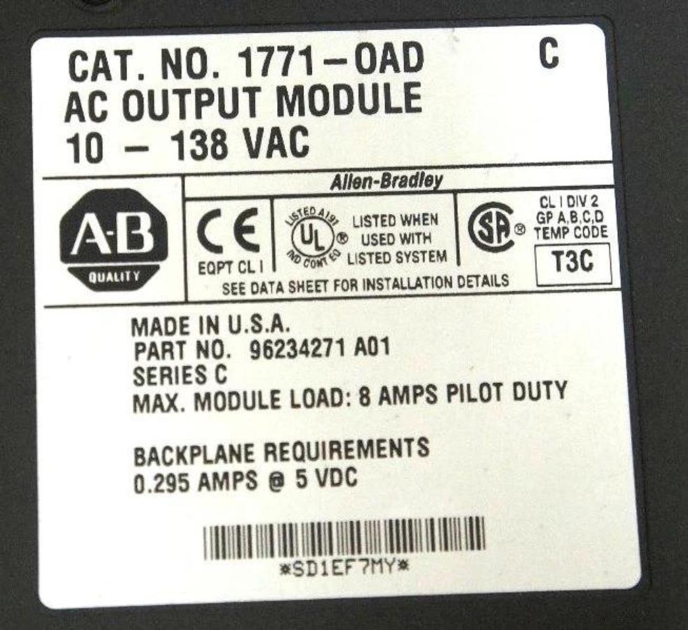Used ALLEN BRADLEY 1771-OAD C OUTPUT MODULE P/N 96234271 A01 SER C 17710ADC