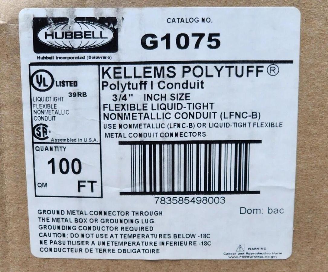 Used NIB HUBBELL G1075 KELLEMS POLYTUFF CONDUIT 3/4'' FLEXIBLE LIQUID TIGHT 100FT