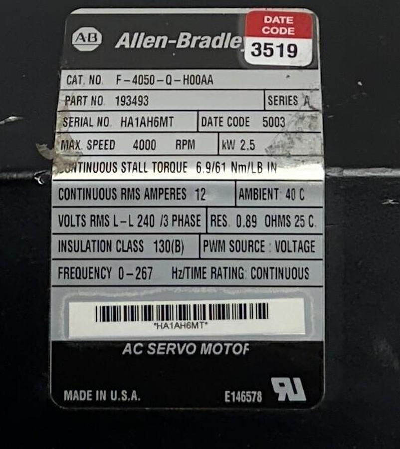 Used ALLEN BRADLEY F-4050-Q-H00AA /A ULTRA SERIES AC SERVO MOTOR 193493 2.5kW REMAN
