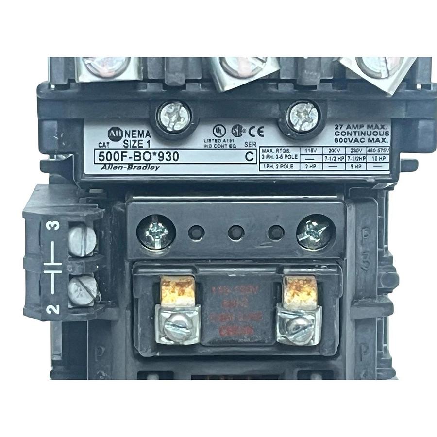 Used Allen-Bradley 500F-BO*930 Series C Top-Wired Reversing Contactor Size 1 120V