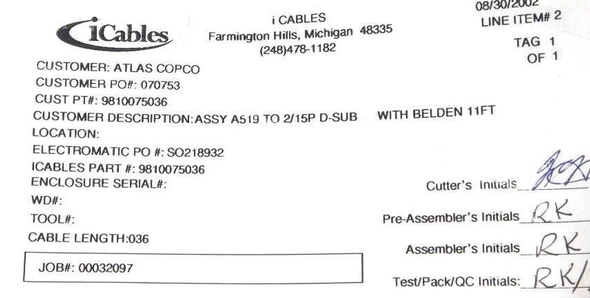 Used NEW ATLAS COPCO 9810075036 CABLE ASSEMBLY