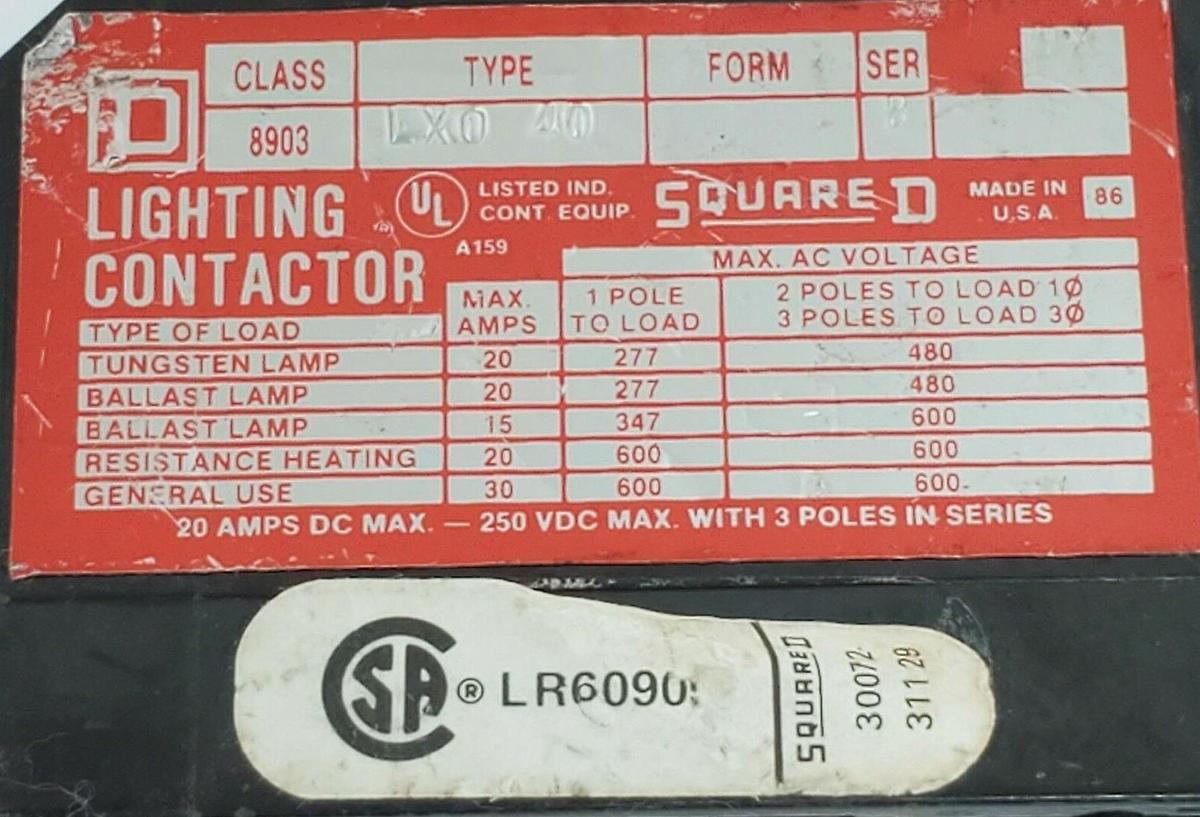 Used SQUARE D 8903-LXO-40 LIGHTING CONTACTOR ASSEMBLY SER. B, 8903LXO40