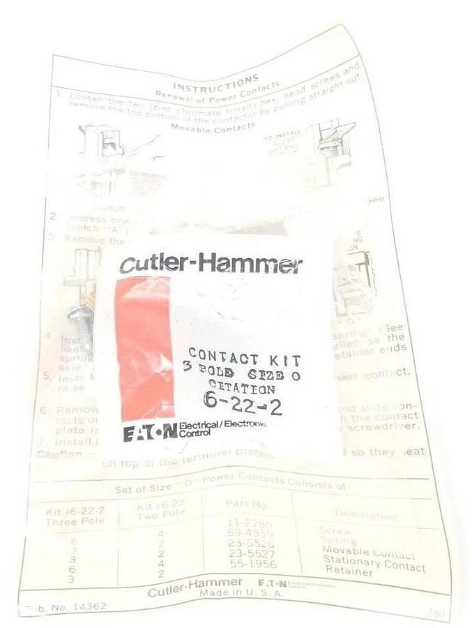 Used LOT OF 2 NIB EATON CUTLER-HAMMER 6-22-2 CONTACT KITS 3-POLE, SIZE 0, 6222
