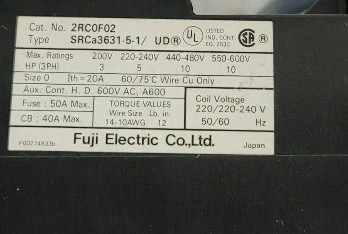 LOT OF 2 NEW FUJI ELECTRIC SRCA3631-5-1/UD CONTACTORS CAT. NO. 2RCOF02