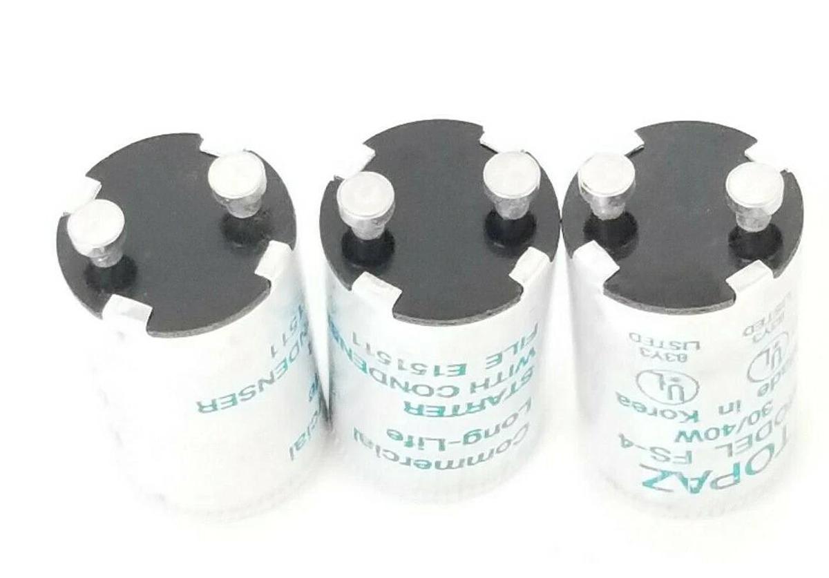 Used LOT OF 3 TOPAZ FS-4 FLUORESCENT LAMP STARTERS 30/40W FS4
