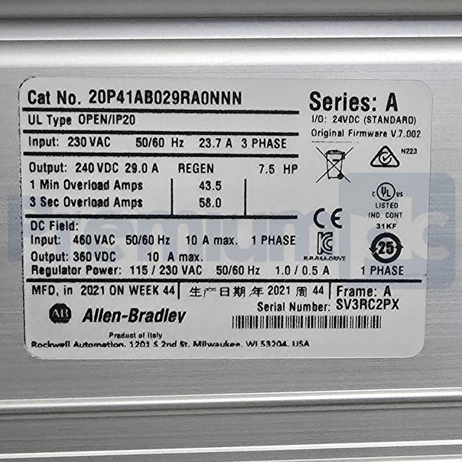 Used ALLEN BRADLEY 20P41AB029RA0NNN /A PowerFlex DC DRIVE 240VAC 3PH/29A 7.5HP NSMP