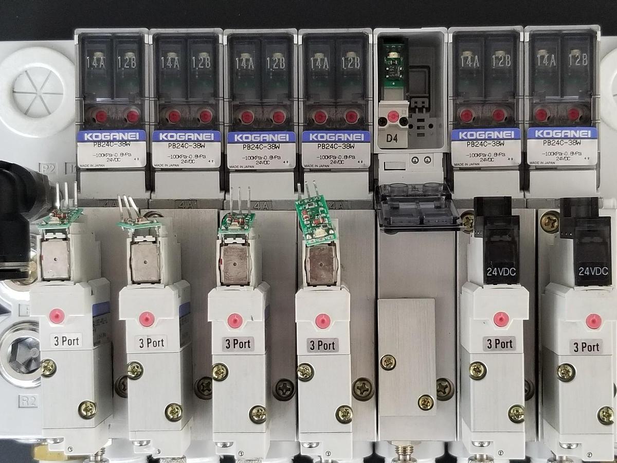 Used KOGANEI PBM7P-3W SOLENOID VALVE BLOCK, GA110E1-PSL-1L-7W, PB24C-38W, PB24C-39W