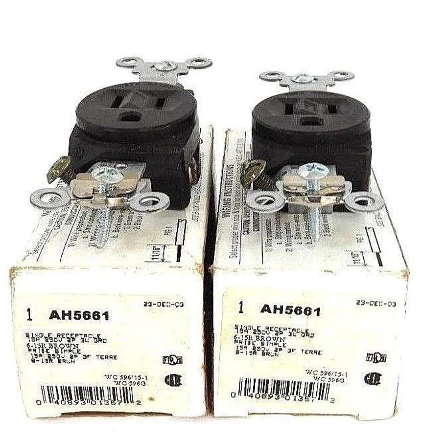 Used LOT OF 2 NIB COOPER AH5661 SINGLE RECEPTACLES 15A, 250V, 2P, 3W