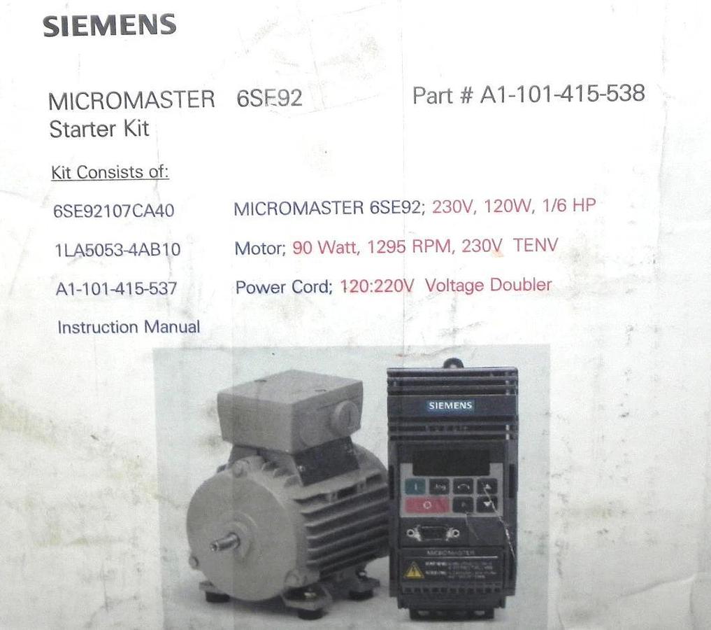 Used NIB SIEMENS 6ES92 P/N: A1-101-415-538 MICROMASTER STARTER KIT, 6SE9210-7CA40