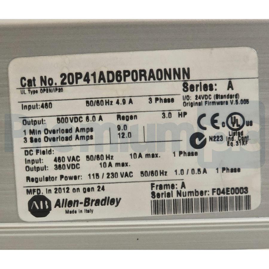 Used Allen-Bradley 20P41AD6P0RA0NNN /A PowerFlex DC Drive 3HP 460VAC 3PH w/HMI USPI