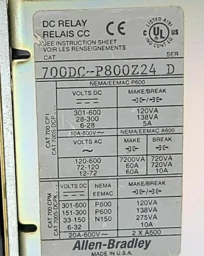 Used ALLEN BRADLEY 700DC-P800Z24 SER. D RELAY DC 24V, 700DCP800Z24