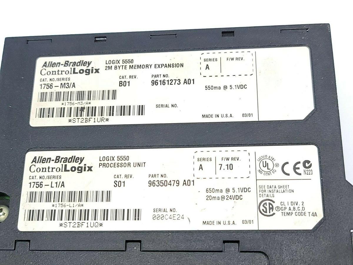 Used ALLEN BRADLEY 1756-M3/A REV. B01 SER. A 1756-L1/A REV. S01 SER. A F/W: 7.10