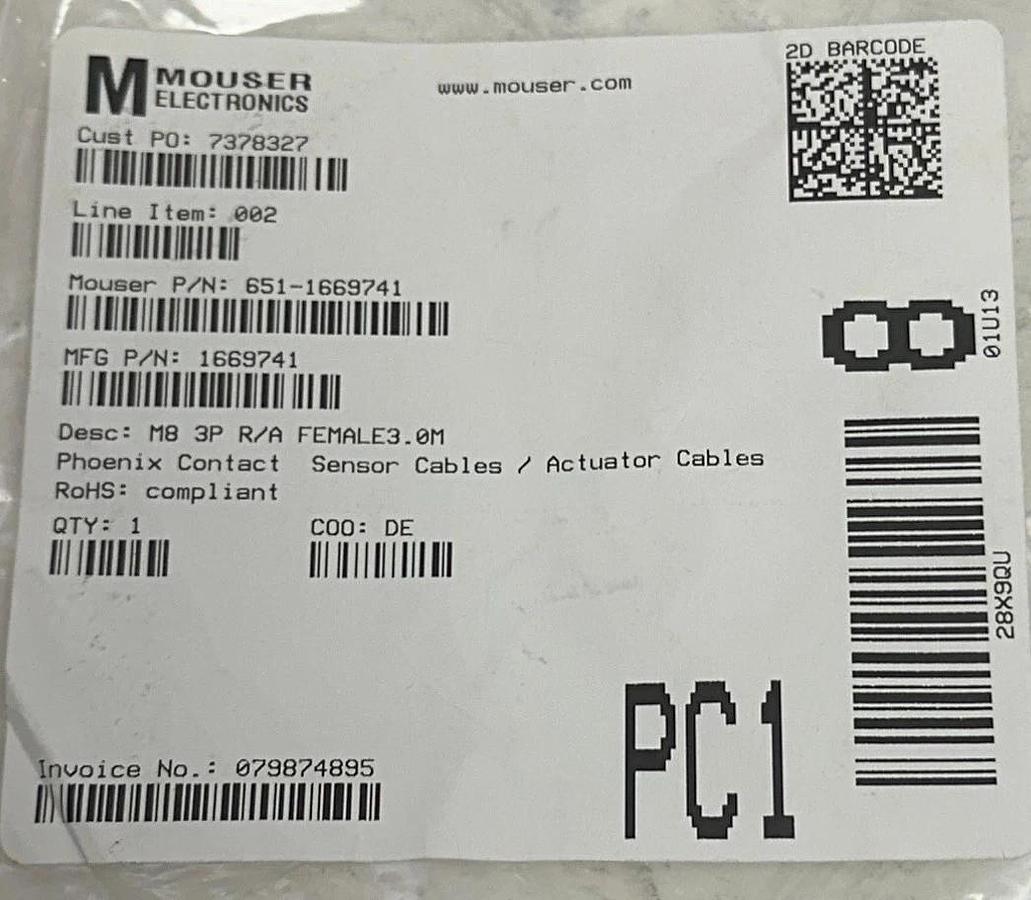 PHOENIX CONTACT SAC-3P-3,0-PUR/M 8FR / 1669741 SENSOR / ACTUATOR CABLE 3M NSNP