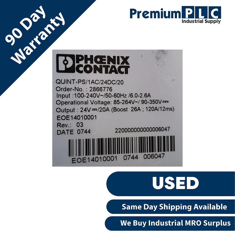 Used USED PHOENIX CONTACT QUINT-PS/1AC/24DC/20 POWER SUPPLY UNIT 24VDC/20A 2866776