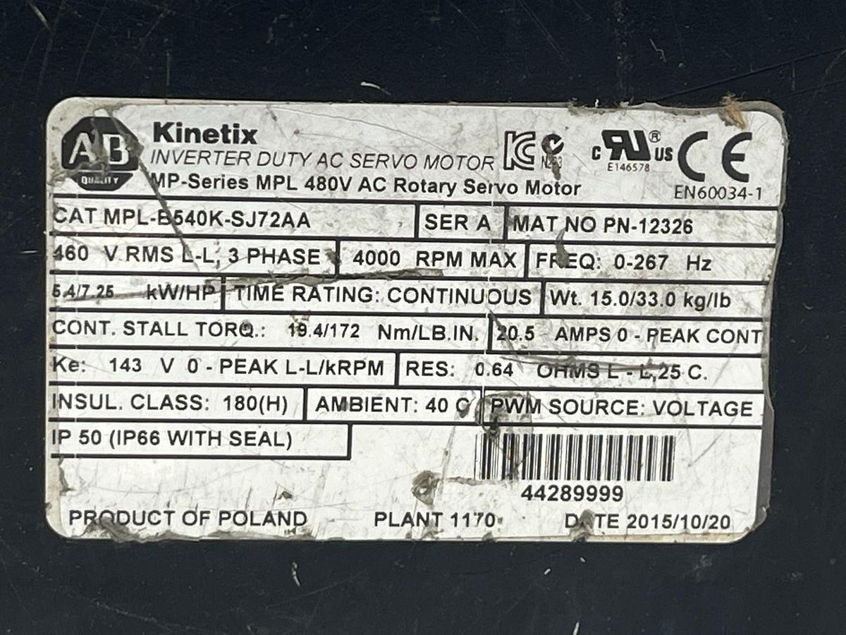 Used Allen Bradley MPL-B540K-SJ72AA Servo Motor | 5.4kW | 4000 RPM | 165mm Frame