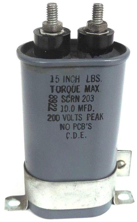 Used C.D.E CAPACITOR SCRN 203 10.0 MFD 200V 15 INCH LBS. TORQUE MAX SCRN203