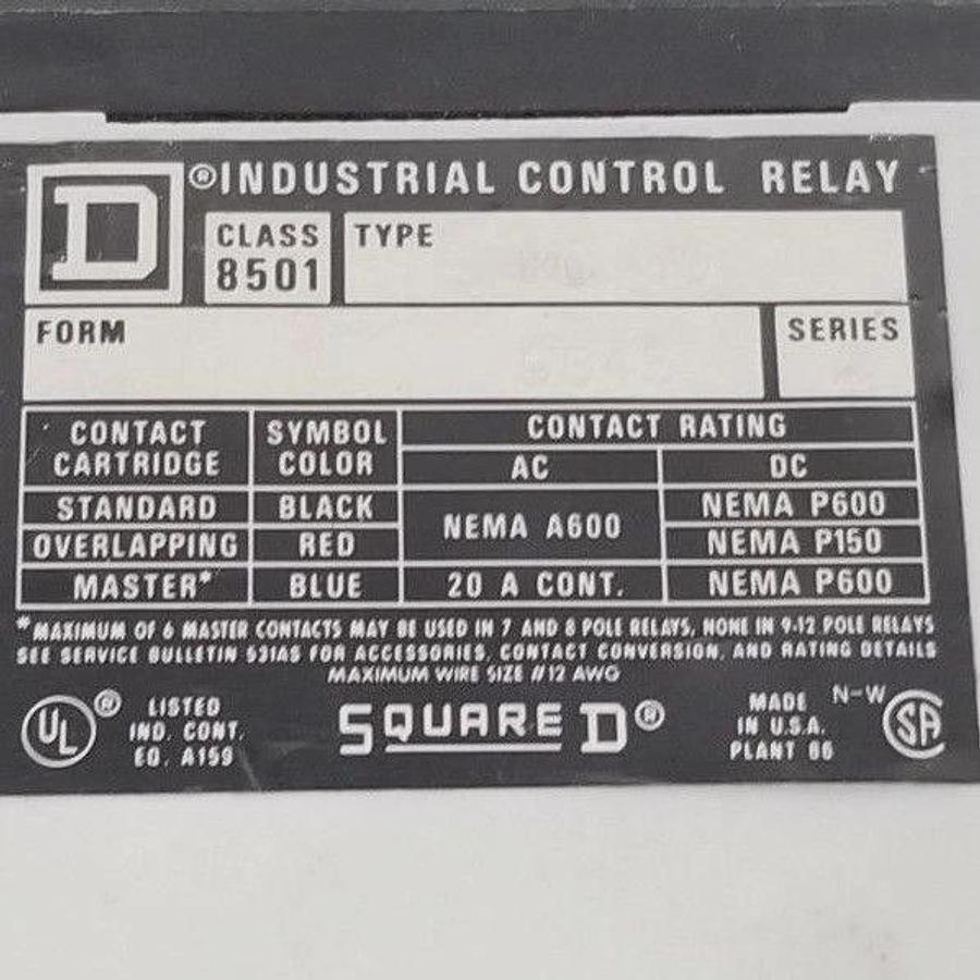 Used SQUARE D 8501-X0-00 CONTROL RELAY 9845 SER. A 9998-X62 W/ 8501XC1 RELAY CONTACTS
