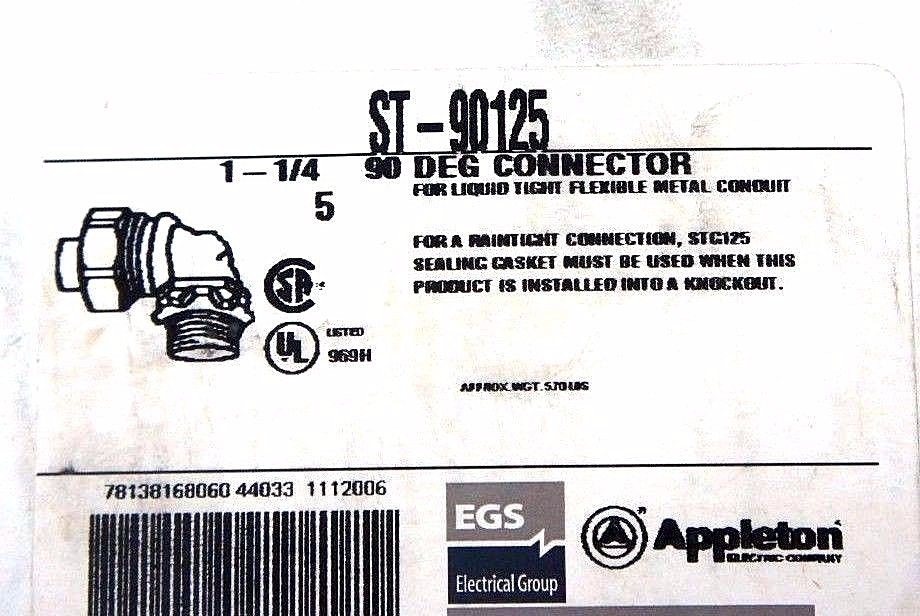 BOX OF 5 NEW EGS APPLETON ST-90125 1-1/4 90DEG CONNECTORS