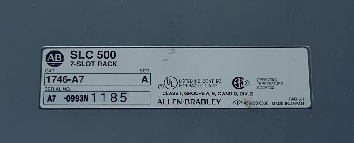 Used ALLEN BRADLEY 1746-P2 /C SLC 500 POWER SUPPLY W/ 1746-A7 /A SLOT RACK 7SLOT USNP