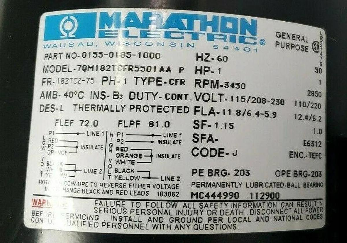 NEW MARCH MARATHON ELECTRIC 0155-0185-1000 CFR PUMP MOTOR 7QM182TCFR5501-AA-P