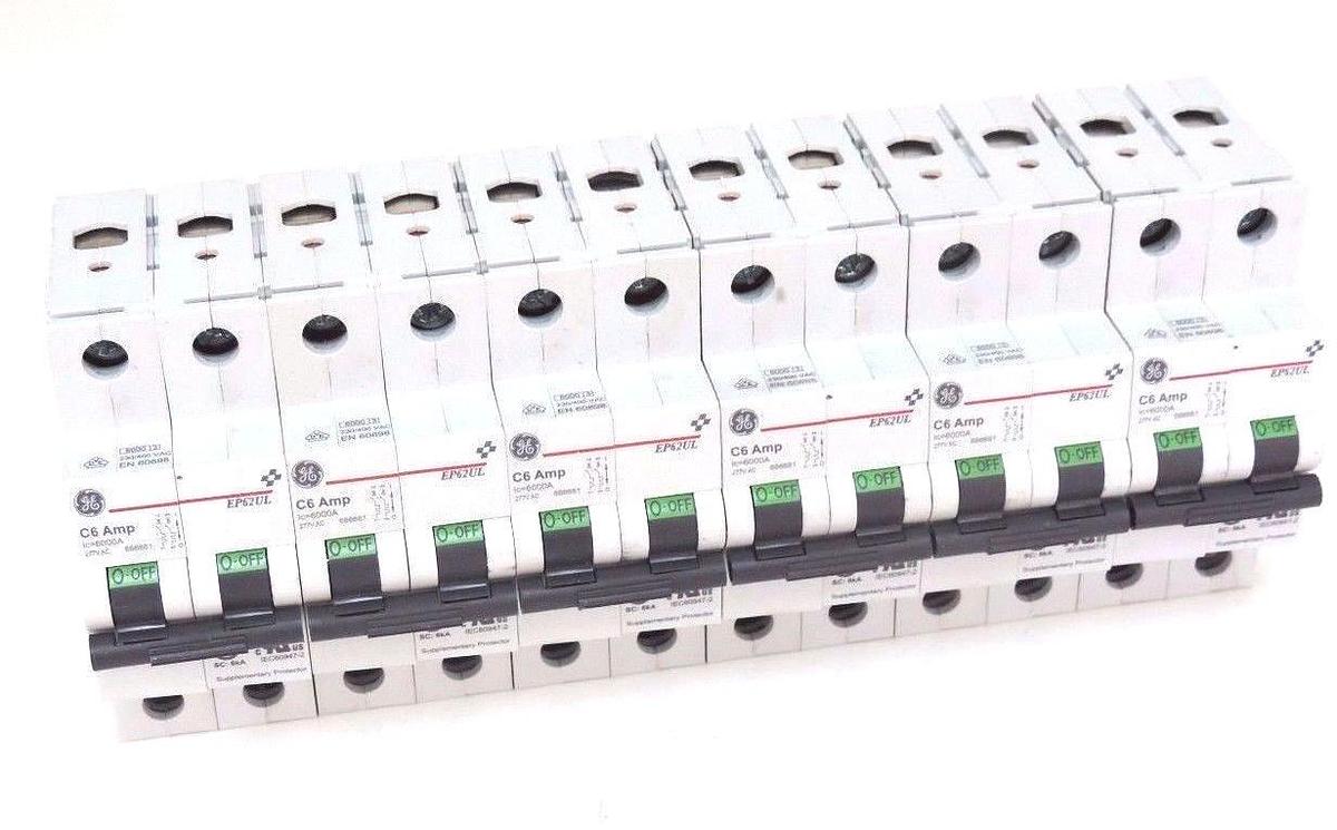 BOX OF 6 NEW GENERAL ELECTRIC EP62ULC06 CIRCUIT BREAKERS EP62UL, 2-POLE, 277VAC