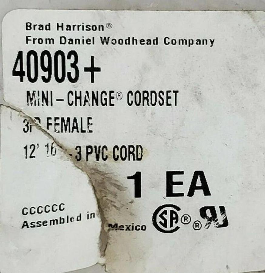 NEW BRAD HARRISON 40903+ MINI-CHANGE CORDSET 3P FEMALE 12'