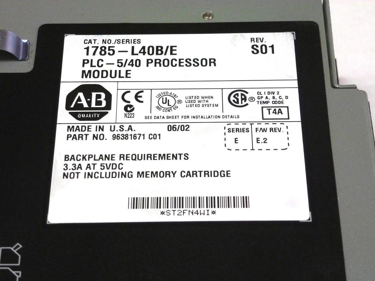 Used ALLEN BRADLEY 1785-L40B/E REV. S01 F/W REV. E.2 PLC-5/40 PROCESSOR 1785L40BE