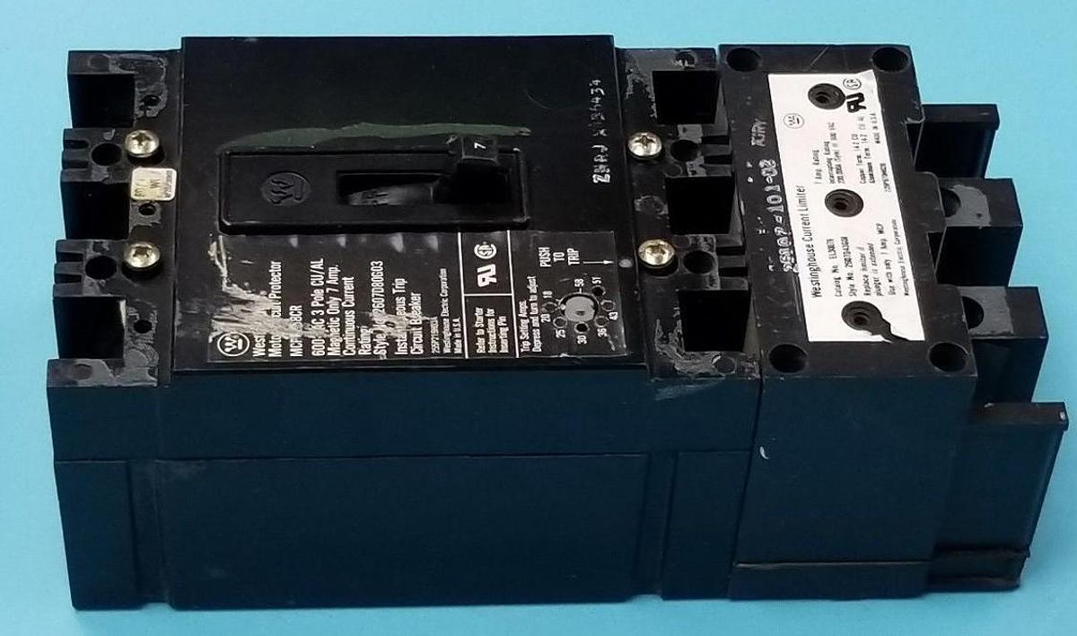 Used WESTINGHOUSE 2607D80G03 CIRCUIT BREAKER MCP0358CR , 7AMP 3POLE 600VAC, EL3007R