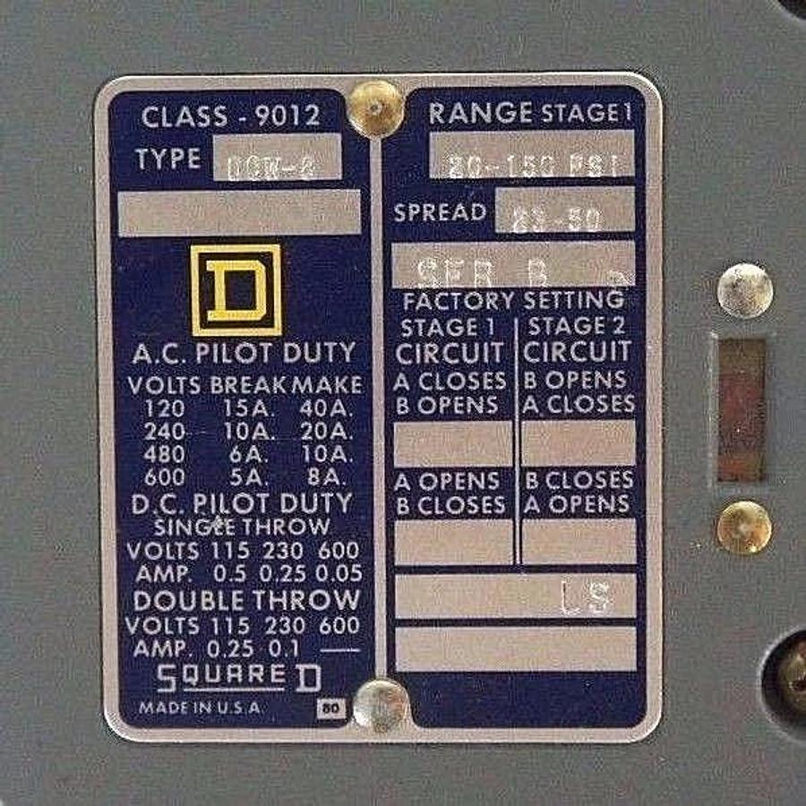 Used SQUARE D 9012-DCW8 PRESSURE SWITCH SER B, 20-150 PSI RANGE, 9012DCW8