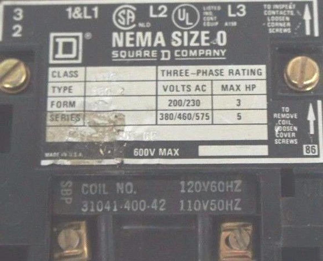 Used SQUARE D CLASS 8536 TYPE SB02 SIZE 0 STARTER 3 PHASE 8536SB02