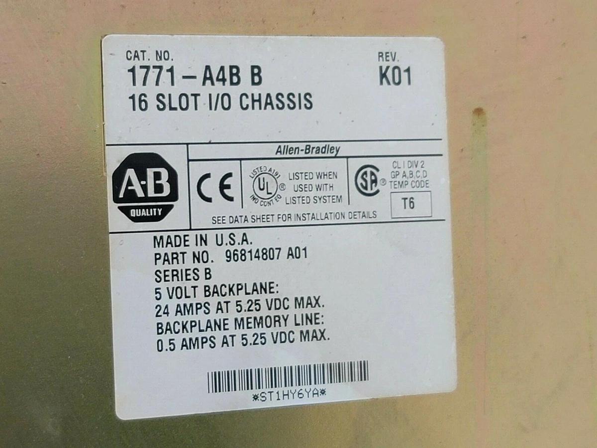 Used ALLEN BRADLEY 1771-A4B 16 SLOT I/O CHASSIS SER. B REV. K01 W/ 15 1771-IAD SER. D
