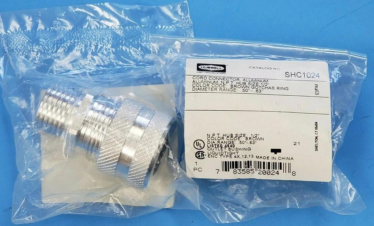 Used LOT OF 2 HUBBELL SHC1024 CORD CONNECTORS .50-.63 INCH 1/2 INCH ALUMINUM