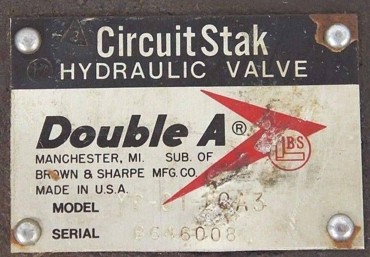 Used DOUBLE A YP-01-10A3 CIRCUIT STAK HYDRAULIC VALVE, YP0110A3