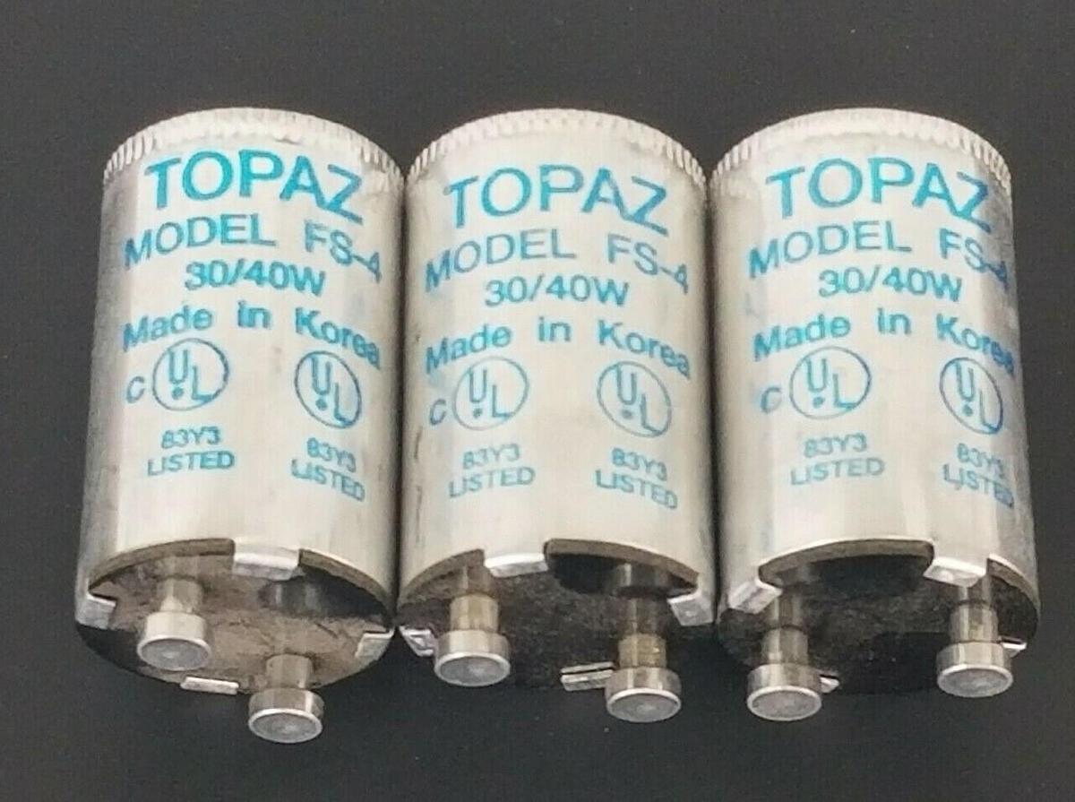Used LOT OF 3 TOPAZ FS-4 FLUORESCENT LAMP STARTERS 30/40W FS4
